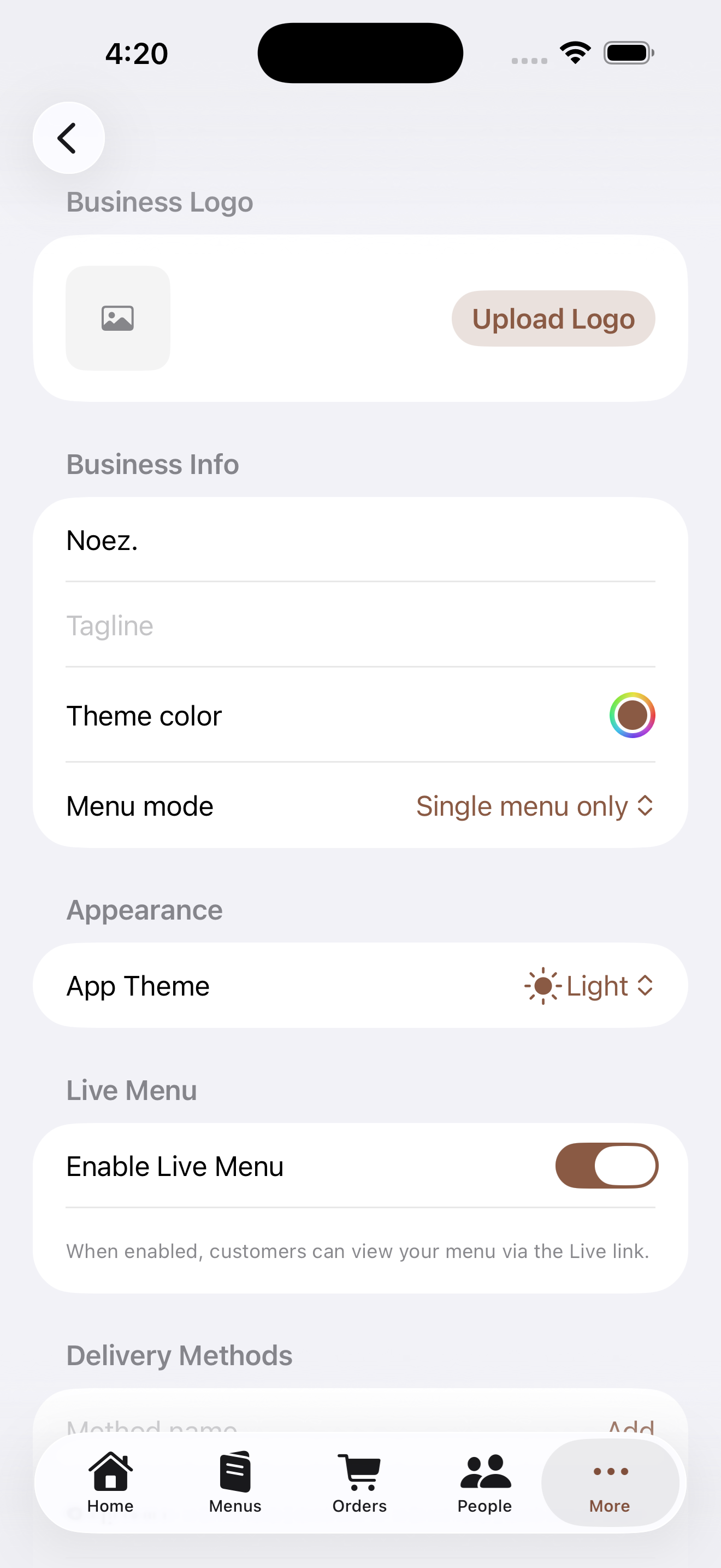 Tetapan bisnes dan mod operasi app