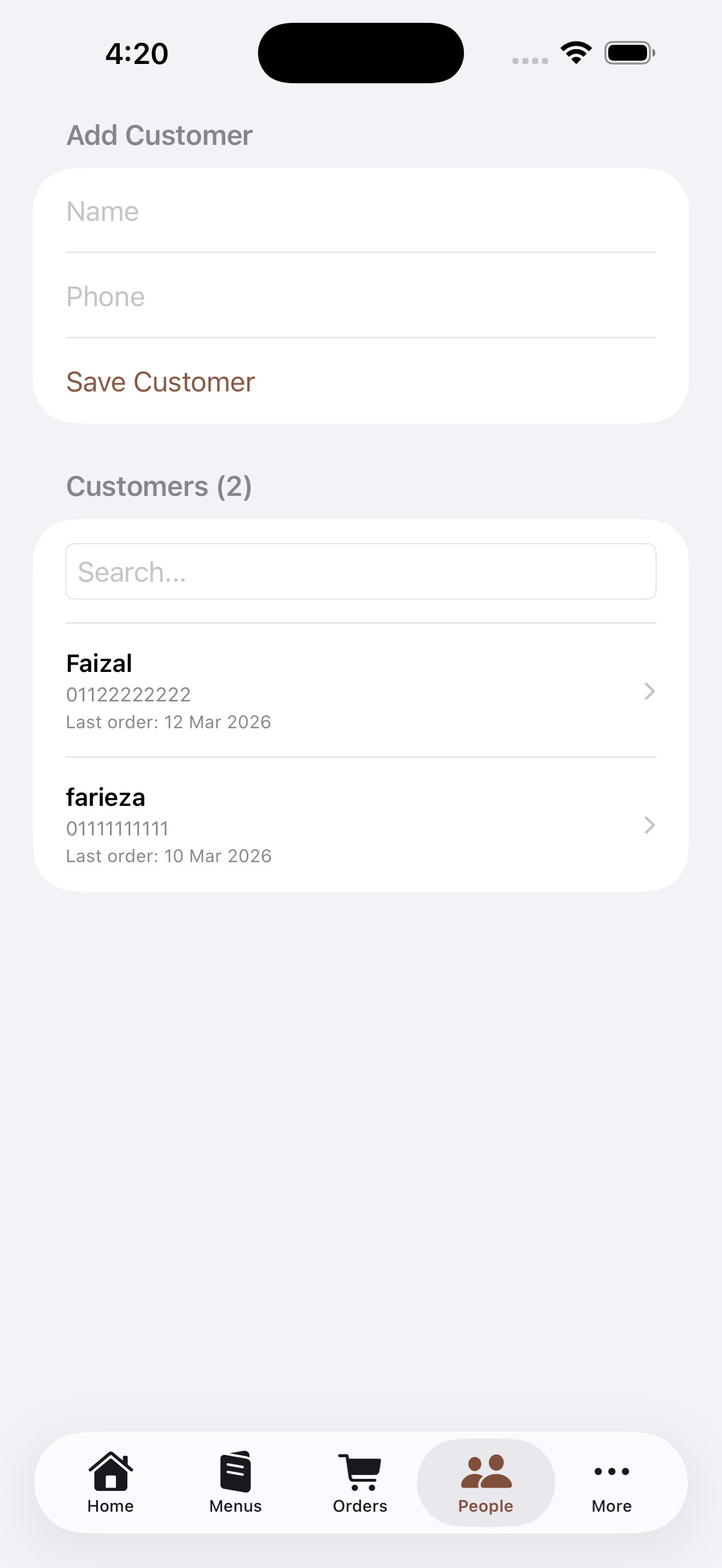 Senarai customer dan carian pelanggan