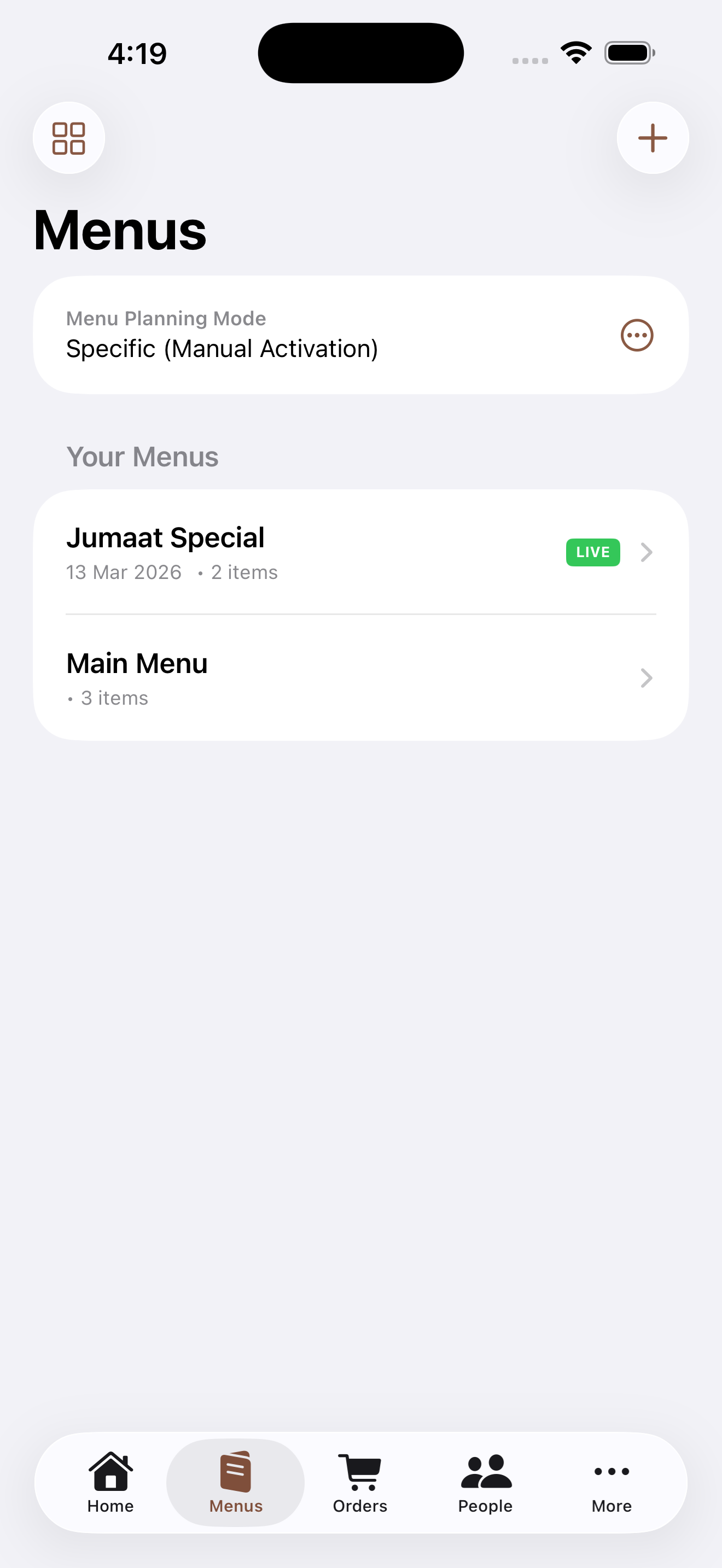 Senarai menu aktif dan mode perancangan menu