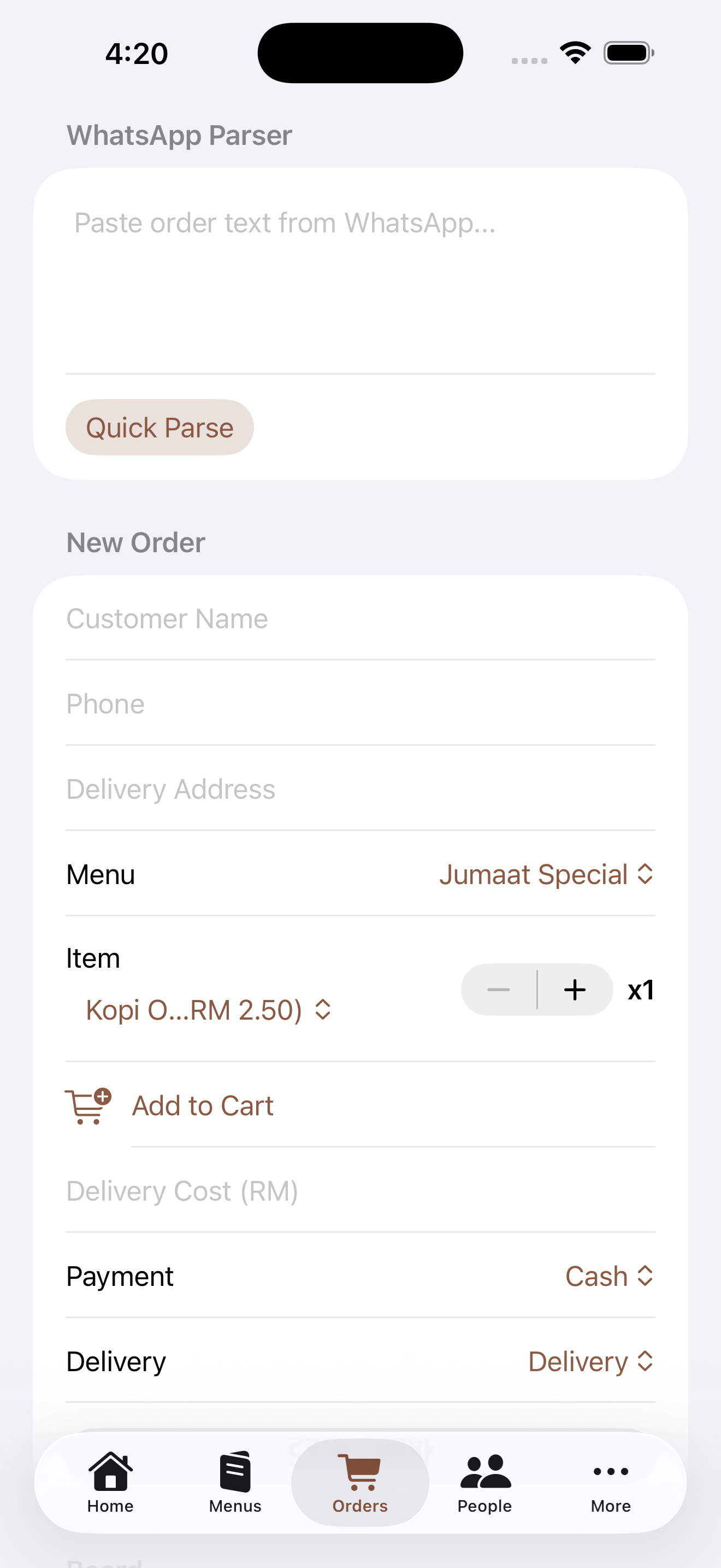 Paparan WhatsApp parser dan borang order